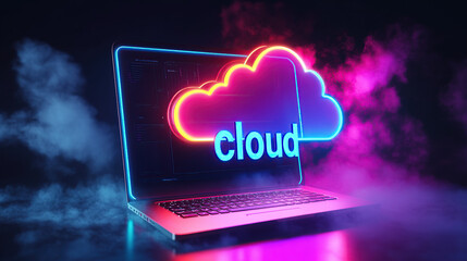 Laptop with neon cloud computing ICONS on the screen