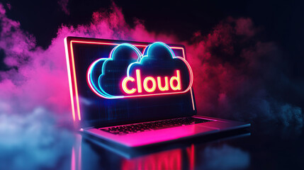 Laptop with neon cloud computing ICONS on the screen