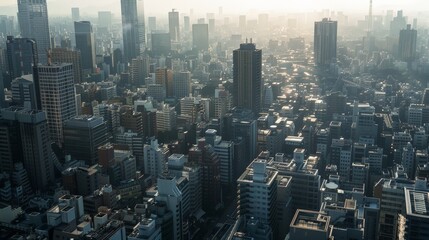 Sticker - An urban jungle where high-rise buildings dominate the skyline, casting long shadows over the concrete maze.