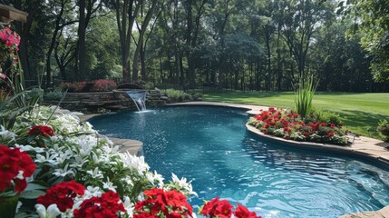 Poster - Capture a serene swimming pool surrounded by red and white flowers, creating a harmonious and inviting space.