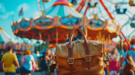 Sticker - Capture a travel bag at an amusement park, with colorful rides and joyful crowds in the background, ready for a day of fun.