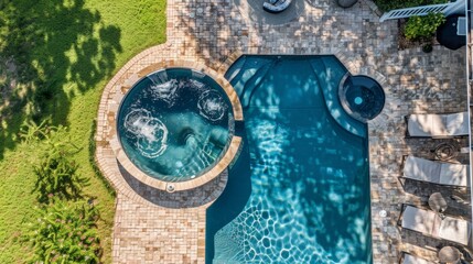 Sticker - Capture an aerial perspective of a pool with a hot tub or jacuzzi, offering a relaxing spot for soaking and unwinding.