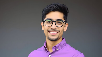 Smiling man in purple shirt with glasses