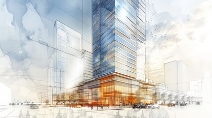 Canvas Print - Create a detailed architectural drawing of a modern skyscraper, highlighting its sleek lines, glass facade, and intricate structural design.