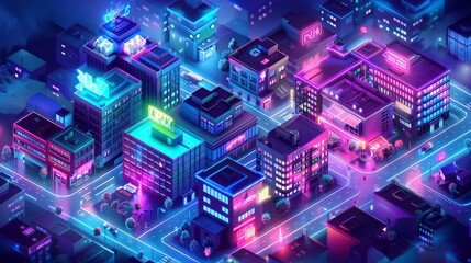 An isometric city at night with illuminated buildings, streetlights, and neon signs, creating a lively and atmospheric urban scene.