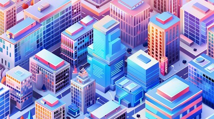 Wall Mural - An isometric city tech hub with modern office buildings, innovation centers, and startup spaces, showcasing the city's technological advancements.