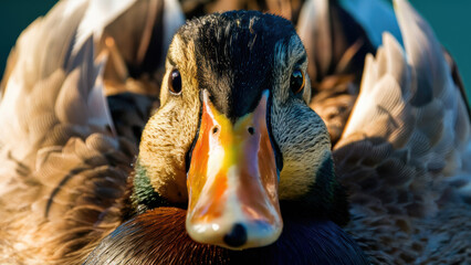 Poster - A close up of a duck with orange beak and yellow eyes, AI