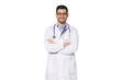 © Damir Khabirov - Young male doctor standing with arms crossed, wearing white doctor robe with stethoscope on, smiling friendly