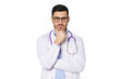 © Damir Khabirov - Male doctor holding his chin, thinking about difficult medical case, feeling doubt about cure, wearing white robe and glasses