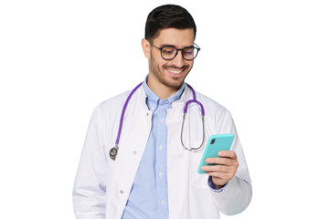 Young handsome doctor wearing white coat and glasses smiling while looking at screen of smartphone, using medical app
