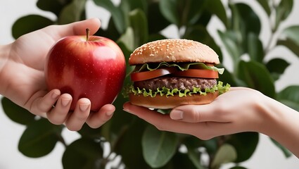 A person making a choice between a healthy apple and a junk food hamburger, highlighting the contrast between nutritious and unhealthy eating habits 