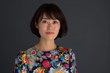 Canvas Print - Japanese Woman in Colorful Floral Dress on Dark Background. Generative AI.