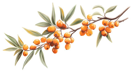 Illustration of a sea buckthorn branch with vibrant orange berries and narrow green leaves