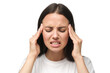© Damir Khabirov - Close-up of young woman in white casual t-shirt touching temples with fingers as if suffering from severe headache