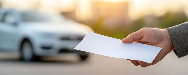 A person hands over an envelope near a parked car, symbolizing delivery and communication in a business context.