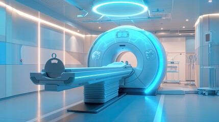 Color photo of an MRI machine, sleek and modern design with soft blue lighting, empty hospital room, bright overhead light