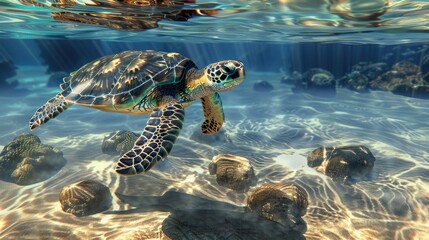 Wall Mural - Color photo of a sea turtle swimming near the shore, graceful movements with clear blue water, ocean floor visible, bright sunlight