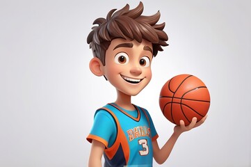 Wall Mural - Happy cheerful cartoon character young boy holding a basketball in 3D style design on a white background. Human people joyful celebration concept. Made with generative AI technology