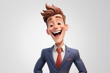 Wall Mural - Happy laughing cartoon character young man in a suit in 3D style design on a white background. Human people joyful expression concept. Made with generative AI technology