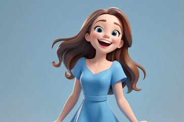 Wall Mural - Happy laughing cartoon character young woman wearing a blue dress in 3D style design on a light background. Human people joyful expression concept. Made with generative AI technology