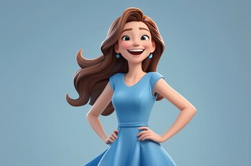 Wall Mural - Happy laughing cartoon character young woman wearing a blue dress in 3D style design on a light background. Human people joyful expression concept. Made with generative AI technology