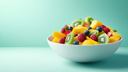 Color photo of a colorful fruit salad, vibrant mix of berries, kiwi, and mango, served in a white bowl, bright daylight