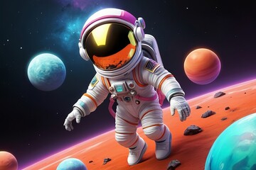 Wall Mural - Playful astronaut with a colorful space suit and a floating helmet, exploring an alien planet in 3D design on a white background. Made with generative AI technology