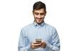 © Damir Khabirov - Young smiling business man in blue shirt reading sms, using smartphone, isolated on white background