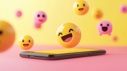 3d social media concept floating emojis smartphone interaction