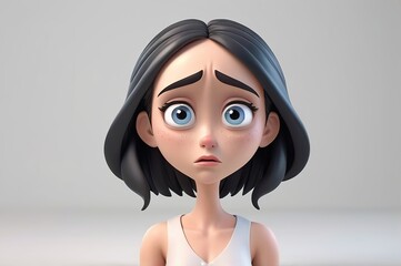 Wall Mural - Sad crying cartoon character beautiful woman with a sad face in 3D style design on a white background. Human people emotions expression concept. Made with generative AI technology