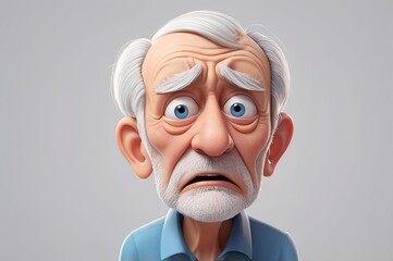 Wall Mural - Sad crying cartoon character elderly man with a tear in his eye in 3D style design on a light background. Human people emotions expression concept. Made with generative AI technology
