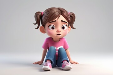 Wall Mural - Sad crying cartoon character young girl wearing a pink t-shirt and jeans in 3D style design on a white background. Human people emotions expression concept. Made with generative AI technology
