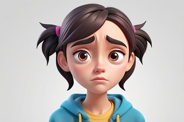 Wall Mural - Sad depressed cartoon character teenage girl with teary eyes in 3D style design on a white background. Human people emotions expression concept. Made with generative AI technology