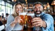 © Lens Legacy - Three friends enjoy a cheerful moment, toasting with frothy mugs of beer in a warmly lit, inviting environment, embodying friendship and the joy of shared experiences.