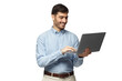© Damir Khabirov - Young handsome businessman standing, holding laptop with happy smile and typing