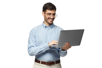 portrait of businessman standing, holding laptop and watching media with happy smile, sharing web co