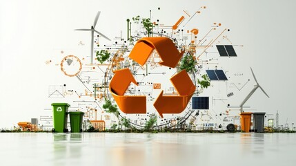 Visual representation of a circular economy model with various sustainability icons, including recycling bins, solar panels, and wind turbines. Emphasize the cyclical nature of resource use and the