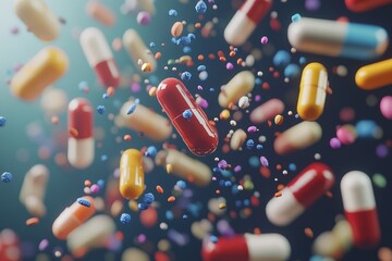 Sticker - Dynamic shower of multicolored capsules and pills symbolizing vibrant pharmaceutical variety