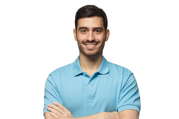 Portrait of smiling handsome man in blue polo shirt, standing with arms crossed