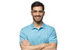 © Damir Khabirov - Handsome young man in blue polo shirt and trendy glasses standing with crossed arms