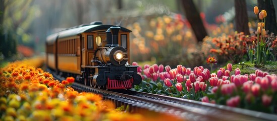 Vintage Steam Train Through a Spring Garden