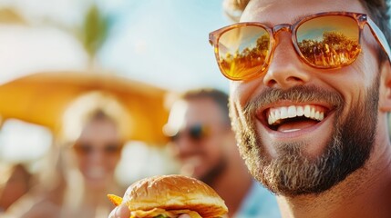 An individual holding a burger at a beachside social event, evoking a sense of community and enjoyment of good food amidst a lively and sunny atmosphere by the beach.