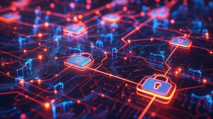 Wall Mural - a secure digital data transfer with encrypted data streams flowing between devices. including lock i