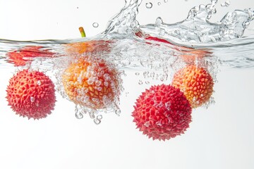 Wall Mural - Sweet Cliff Lychee falling into the water with a splash on a white background