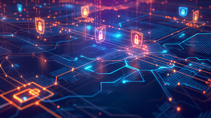 Wall Mural - a secure digital data transfer with encrypted data streams flowing between devices. including lock i