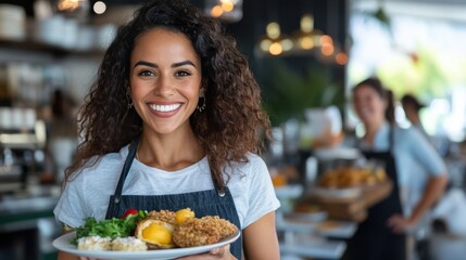 A smiling waitress with curly hair and wearing an apron stands in a bustling restaurant, proudly presenting a plated meal with various appetizers in the foreground.