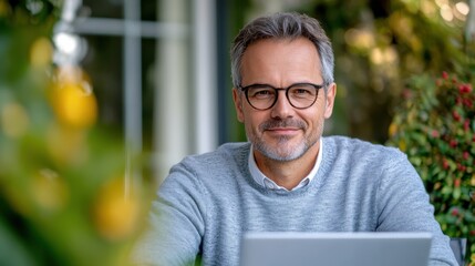 A content mature man with glasses and gray hair, sitting in a garden and working on his laptop, showcasing a serene outdoor work environment and a relaxed work life balance.