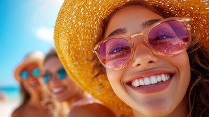 Wall Mural - A joyous beach photo of friends with the focus on a smiling woman wearing a straw hat and pink sunglasses, exuding happiness on a bright sunny day.