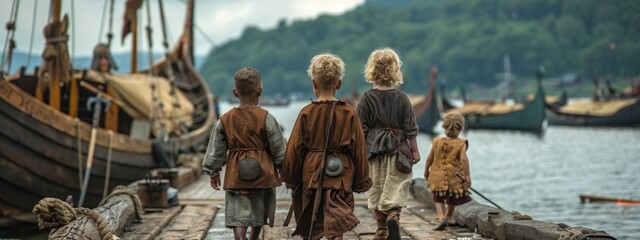 Nordic legacy - viking children living ancient lifestyle, exploring daily activities, customs, adventures that shape young lives of these historic warriors, embracing their cultural heritage.