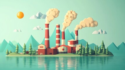 Colorful illustration of a factory with smokestacks, mountains, and a serene lake under a sunny sky, symbolizing industrial landscape.